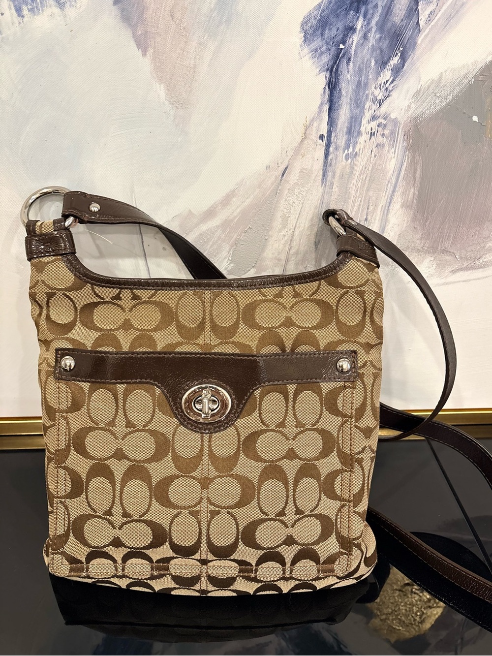 Vintage Coach Beige and Brown Signature Canvas Crossbody Bag